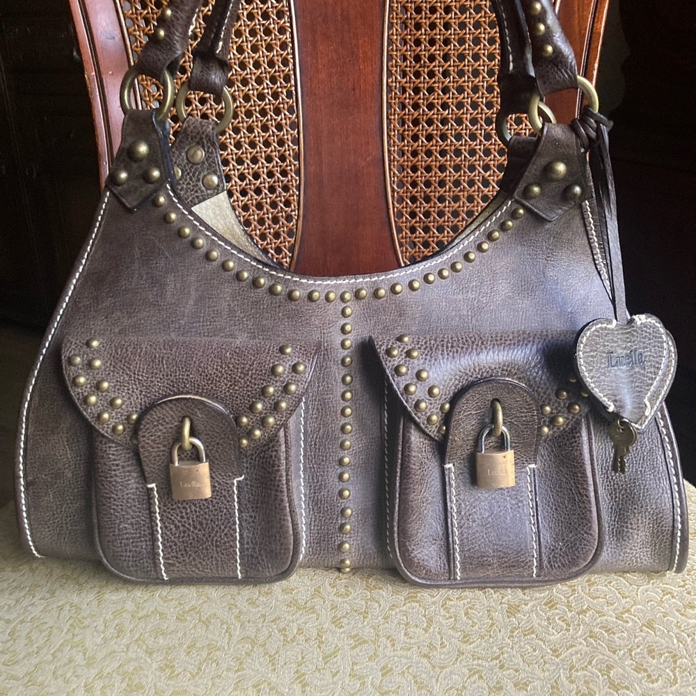 Vintage Luella Brown Leather Studded Hand Shoulder Bag with Padlocks & Keys